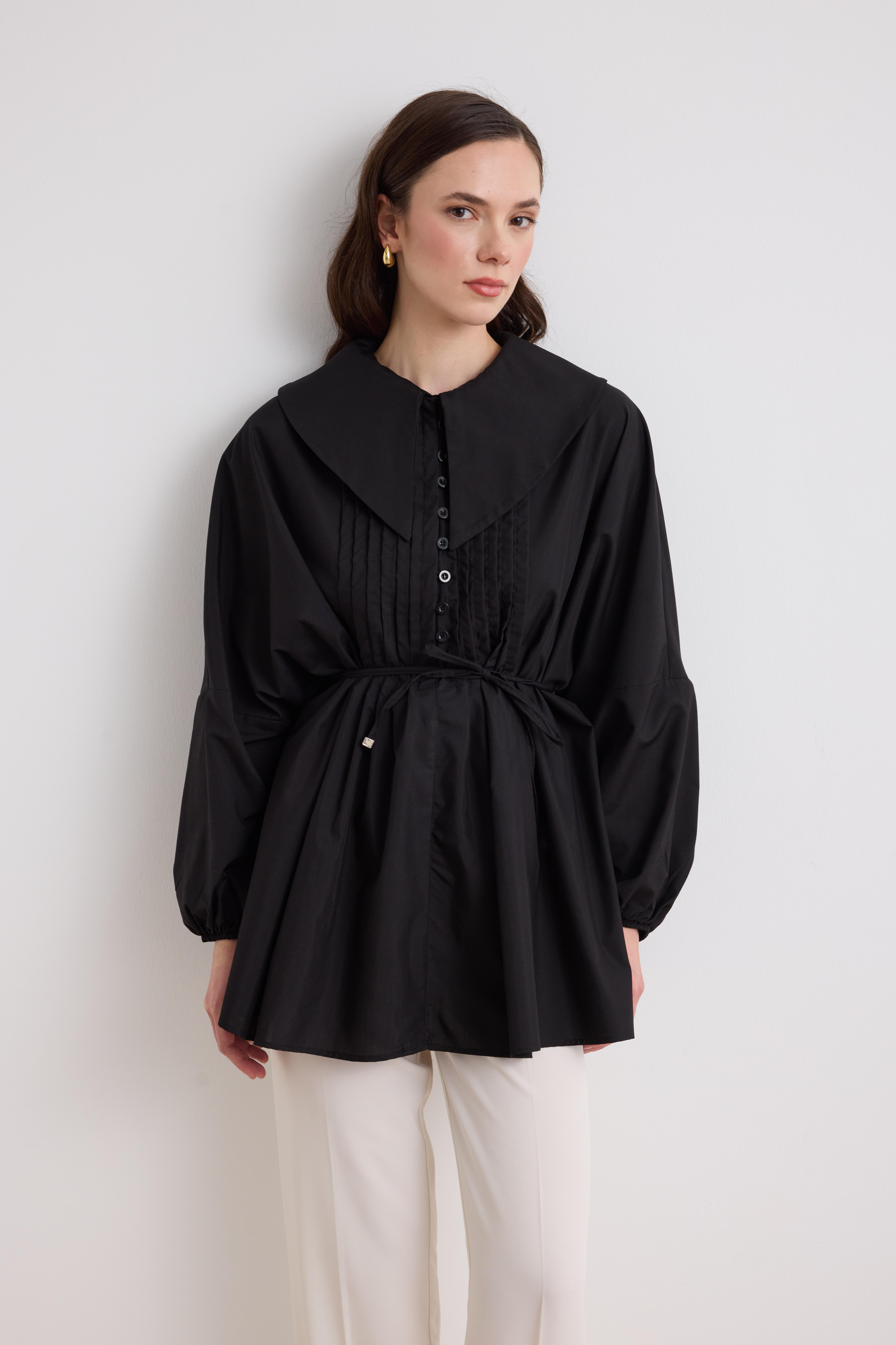 Marisol Nervürlü Gömlek - Siyah