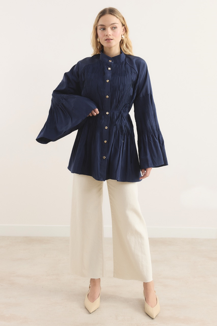 Martha Düğmeli Belden Bağlamalı Gömlek - Lacivert