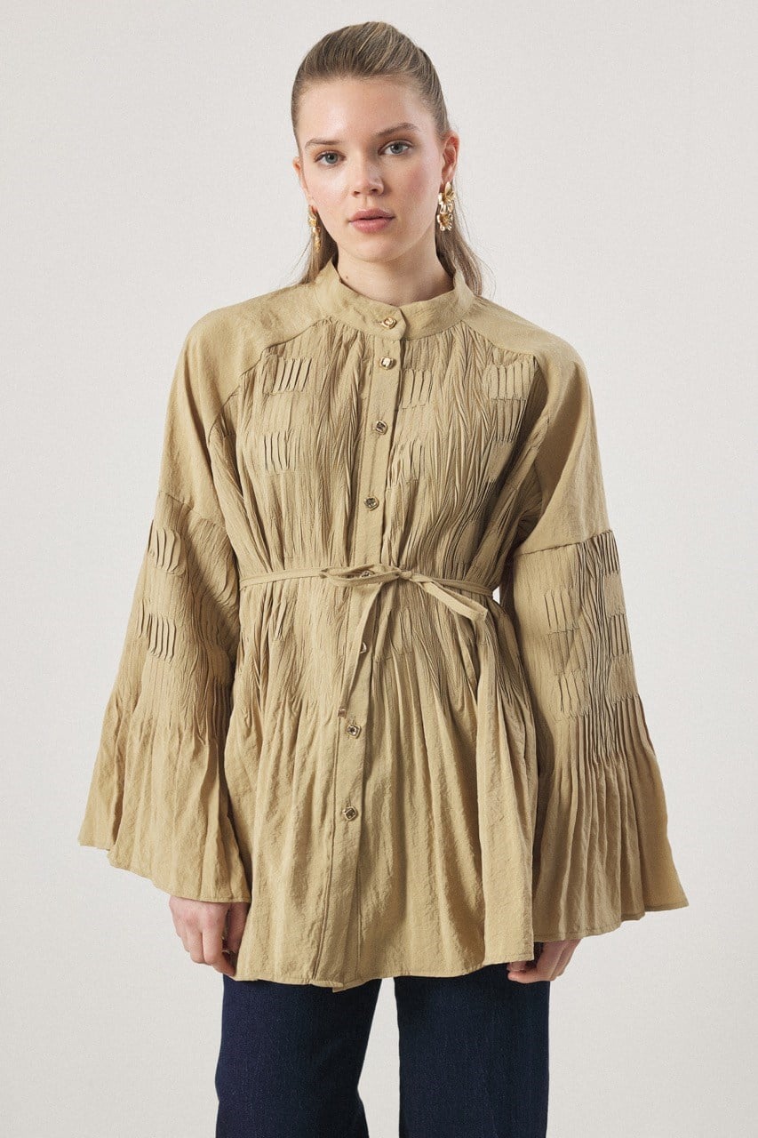 Martha Düğmeli Belden Bağlamalı Gömlek - Yağ Yeşili