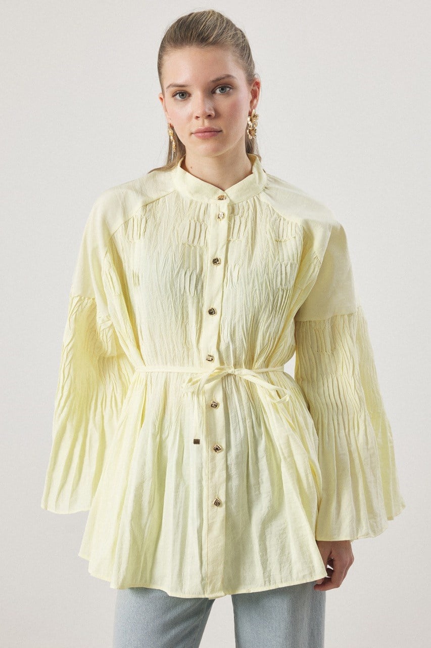 Martha Düğmeli Belden Bağlamalı Gömlek - Sarı
