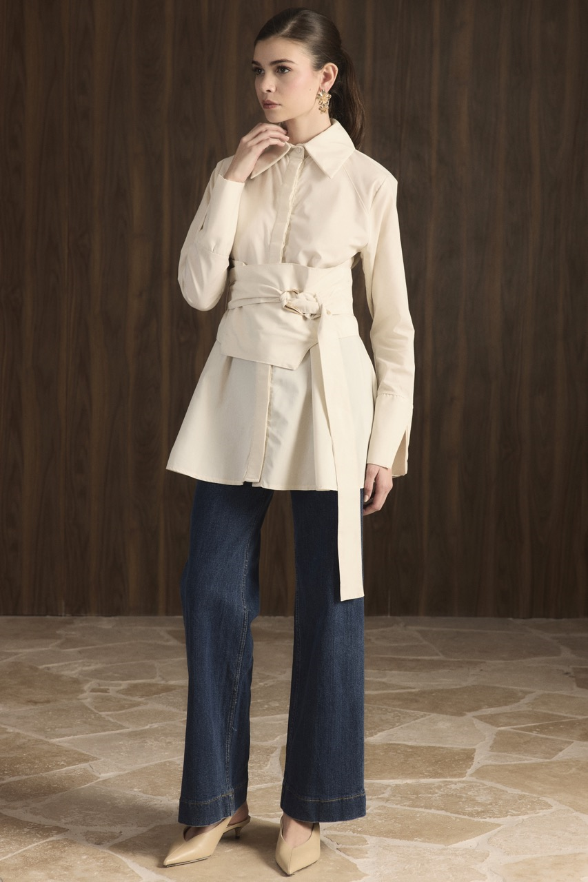 Maya Geniş Kemerli Gömlek - Krem