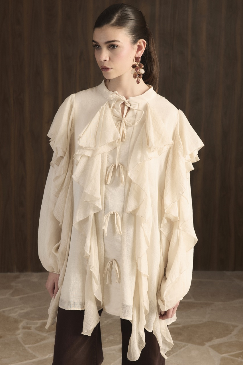 Melis Önü Fırfırlı Gömlek - Taş