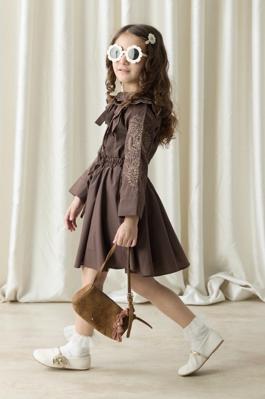 Nakışlı Dacron Etek Takım - Kahve