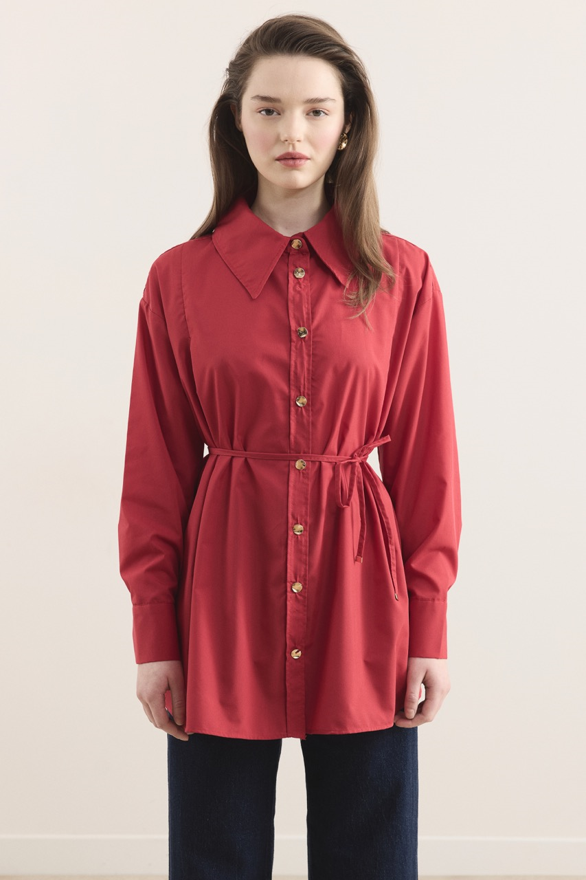 Omuz Pileli Dacron Gömlek - Kırmızı