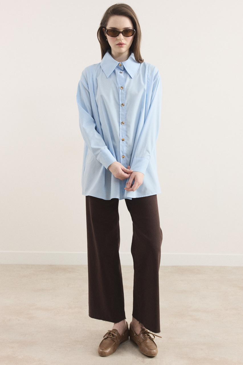 Omuz Pileli Dacron Gömlek - Mavi