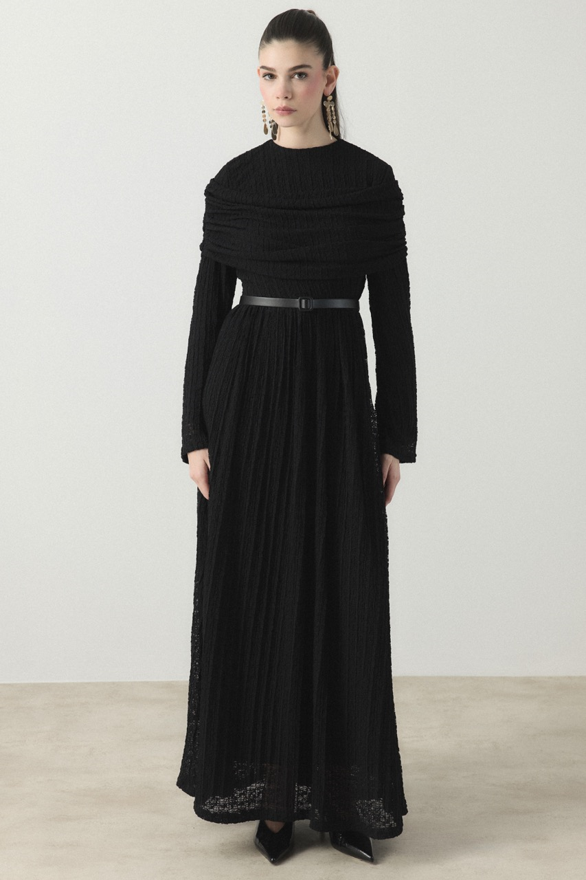 Omuz Volanlı Dantel Tül Elbise - Siyah