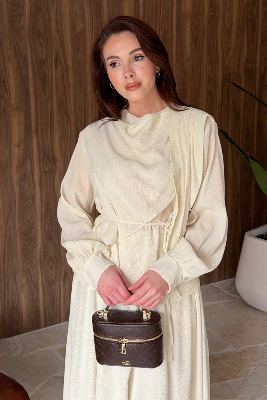 Omuzdan Şallı Mono Pilise Etek Takım - Ekru