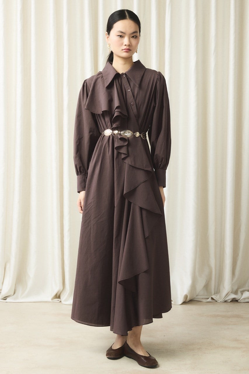 Ön Volanlı Vual Elbise - Kahve