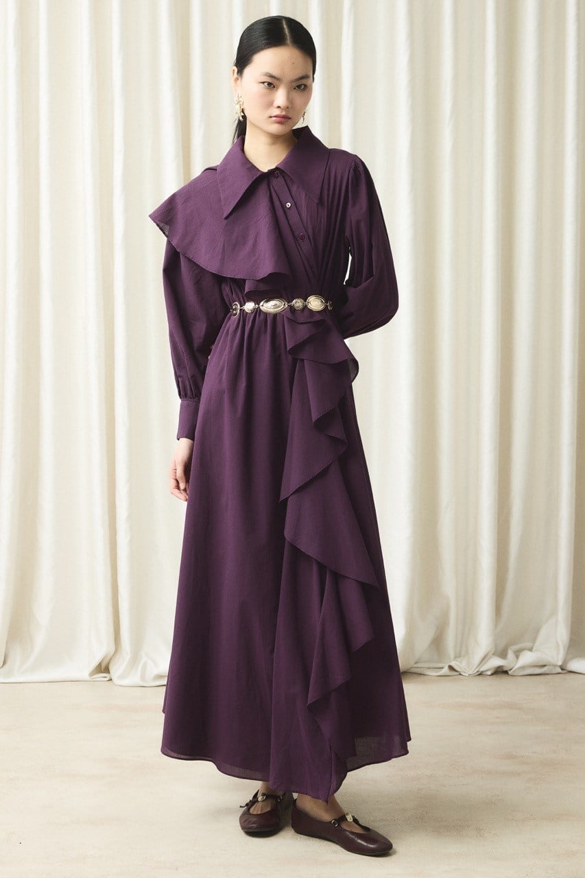 Ön Volanlı Vual Elbise - Mürdüm