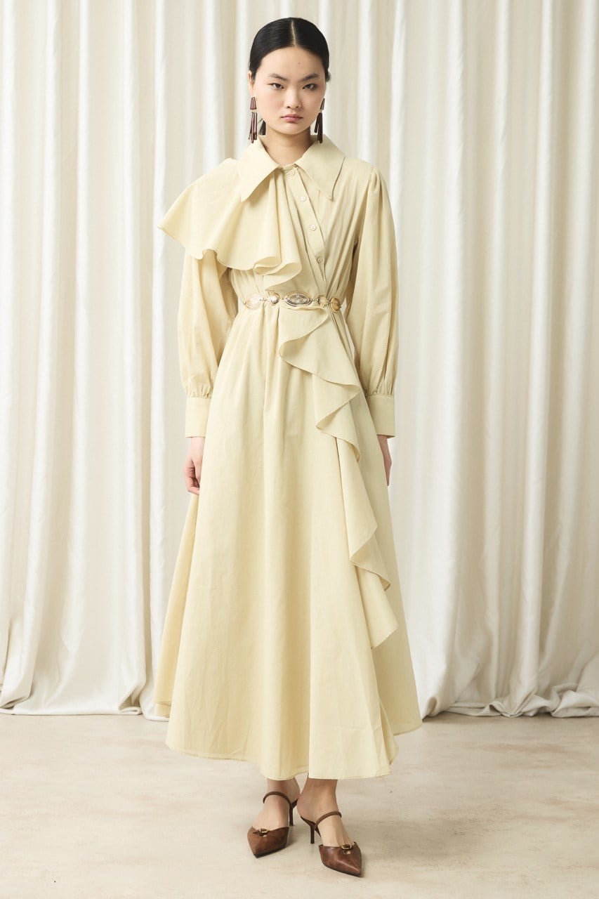 Ön Volanlı Vual Elbise - Sarı