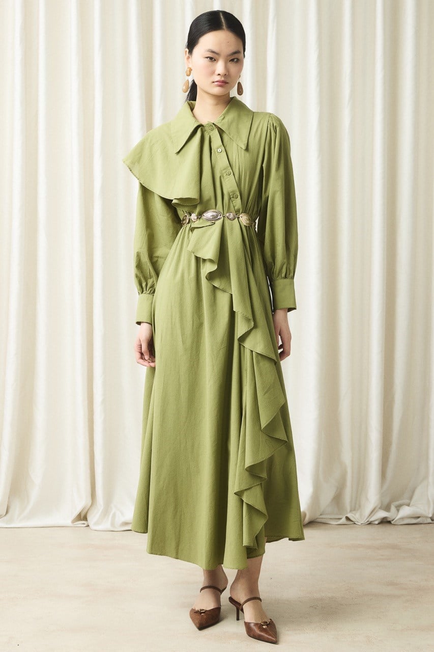 Ön Volanlı Vual Elbise - Yağ Yeşili