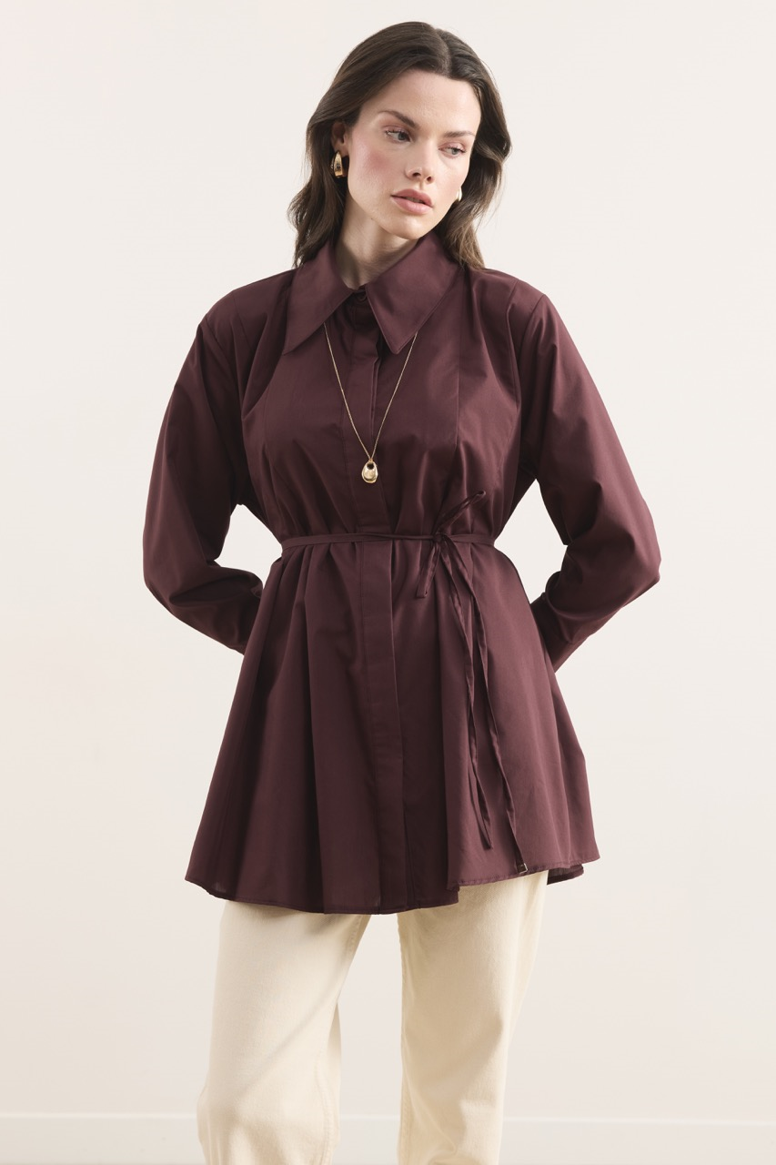 Önü Pileli Dacron Gömlek - Bordo