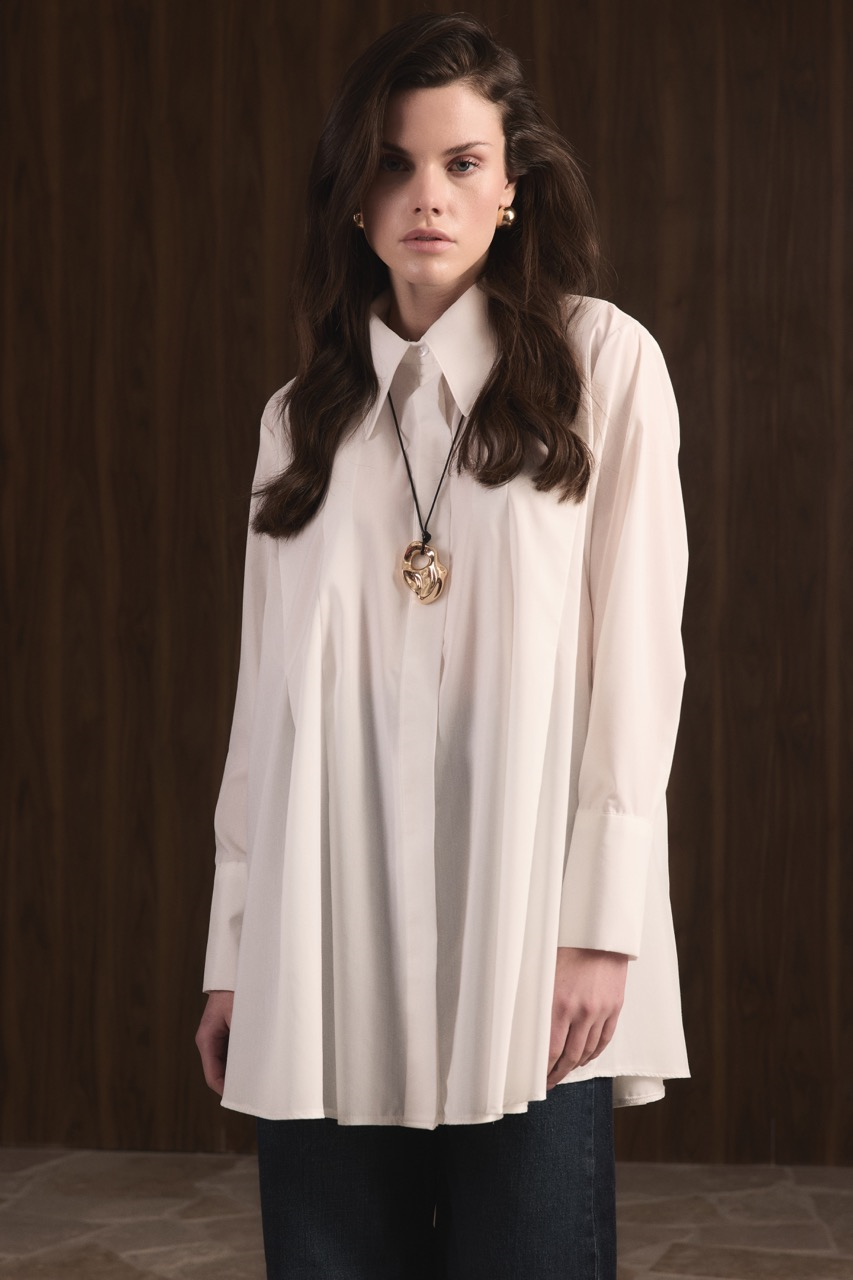 Önü Pileli Dacron Gömlek - Ekru