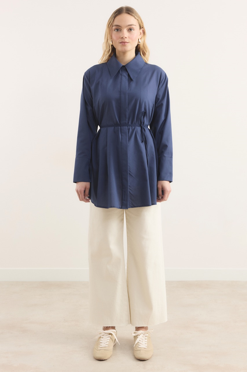 Önü Pileli Dacron Gömlek - Lacivert