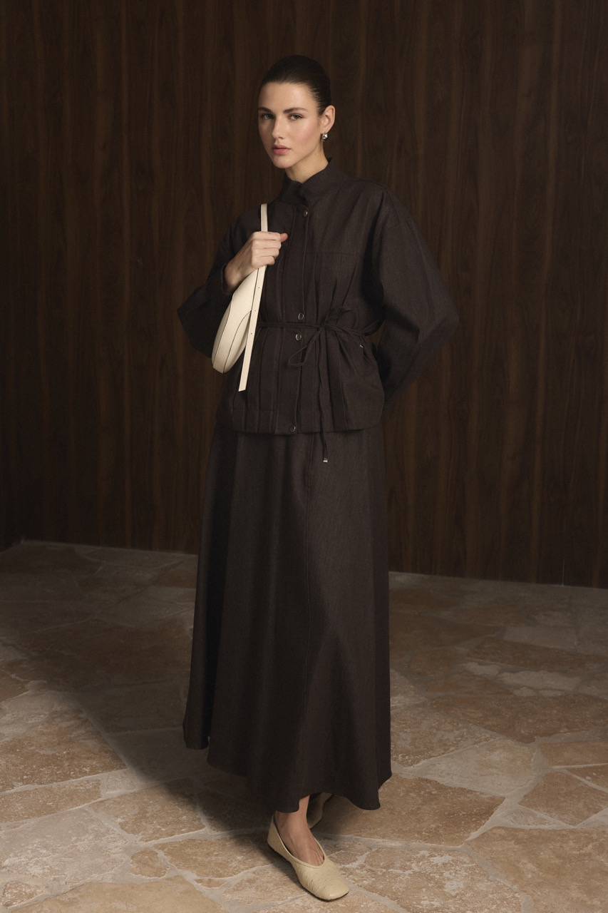 Önü Pileli Kot Takım - Kahve