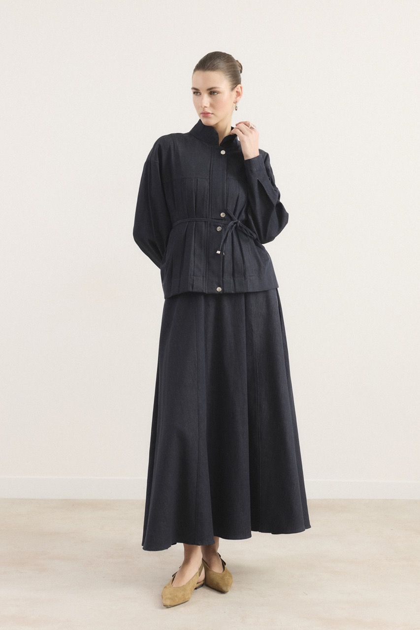 Önü Pileli Kot Takım - Lacivert