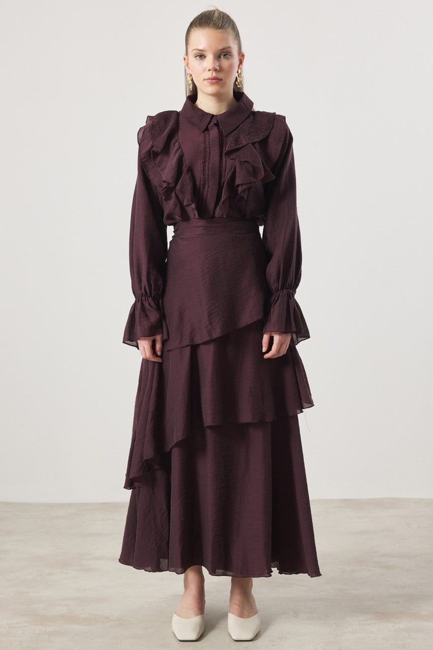 Parla Kat Kat Volanlı Gömlekli Takım - Mürdüm