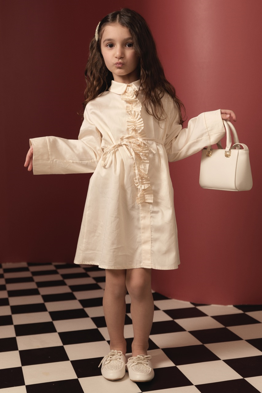 Pilise Detaylı Compact Saten Pamuklu Çocuk Elbise - Krem