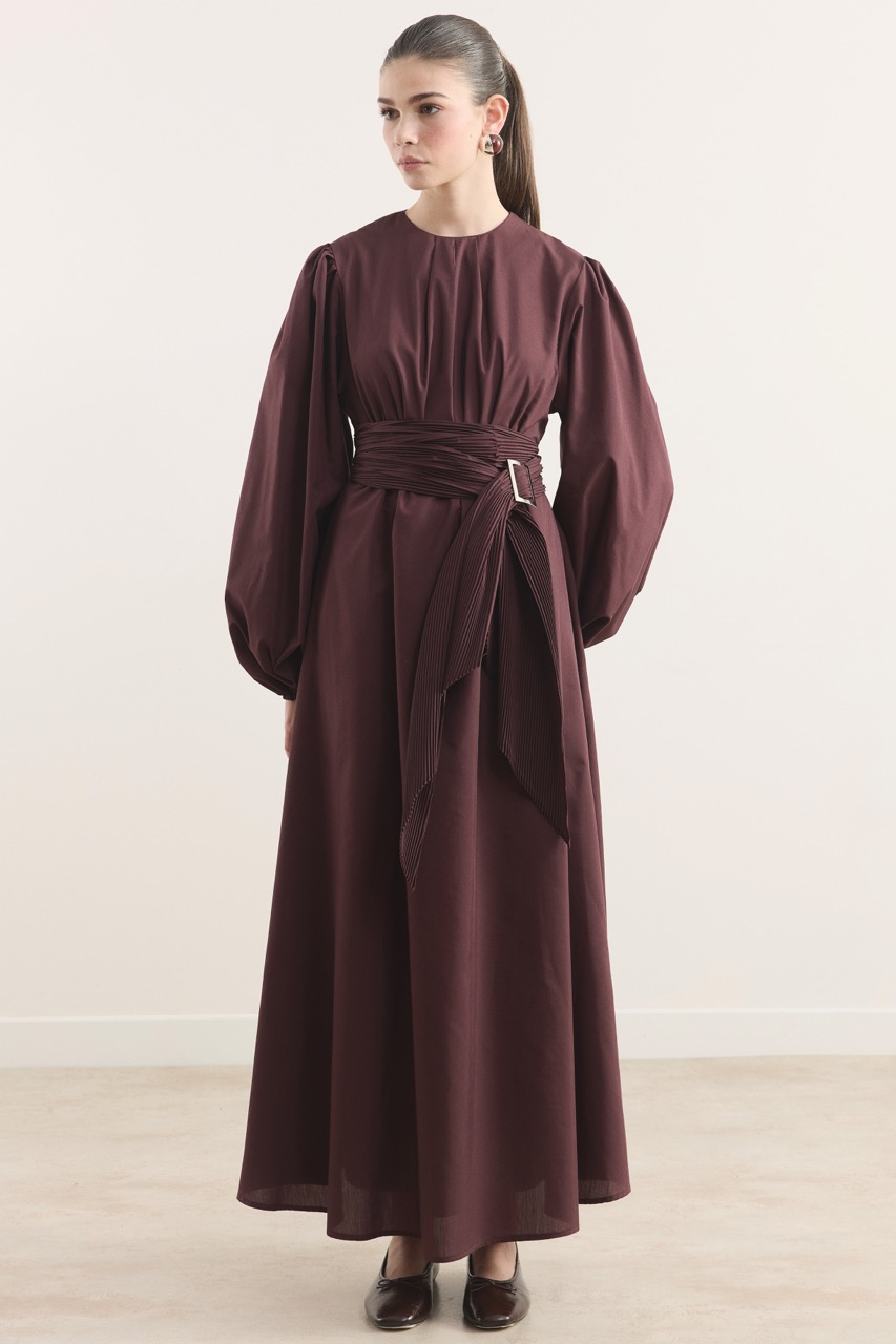 Pilise Kemerli Dacron Elbise - Bordo