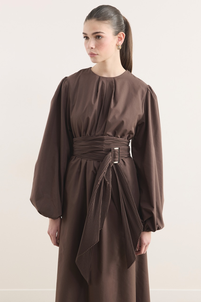 Pilise Kemerli Dacron Elbise - Kahve