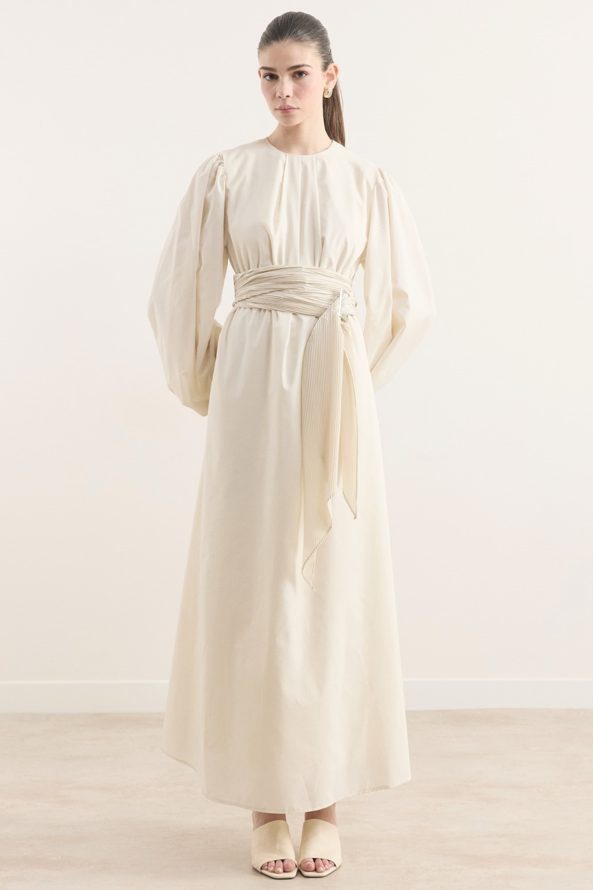 Pilise Kemerli Dacron Elbise - Krem