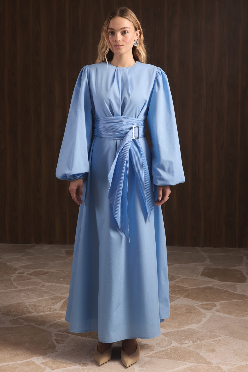 Pilise Kemerli Dacron Elbise - Mavi