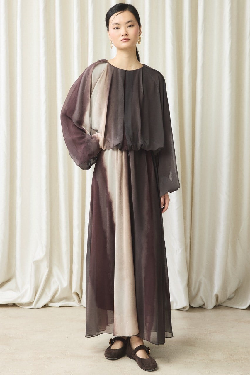 Şifon Baskılı Etek Takım - Kahve