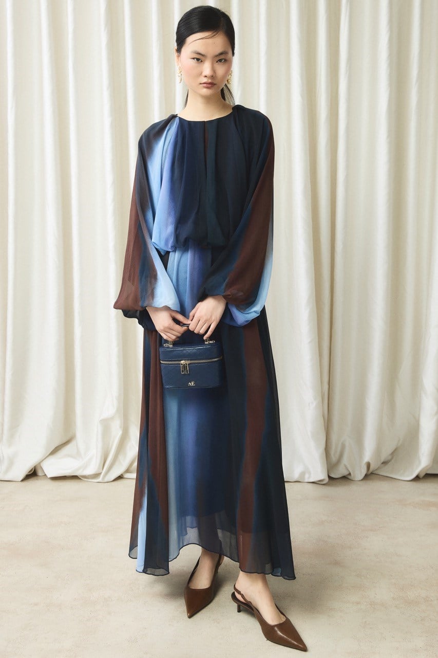 Şifon Baskılı Etek Takım - Lacivert