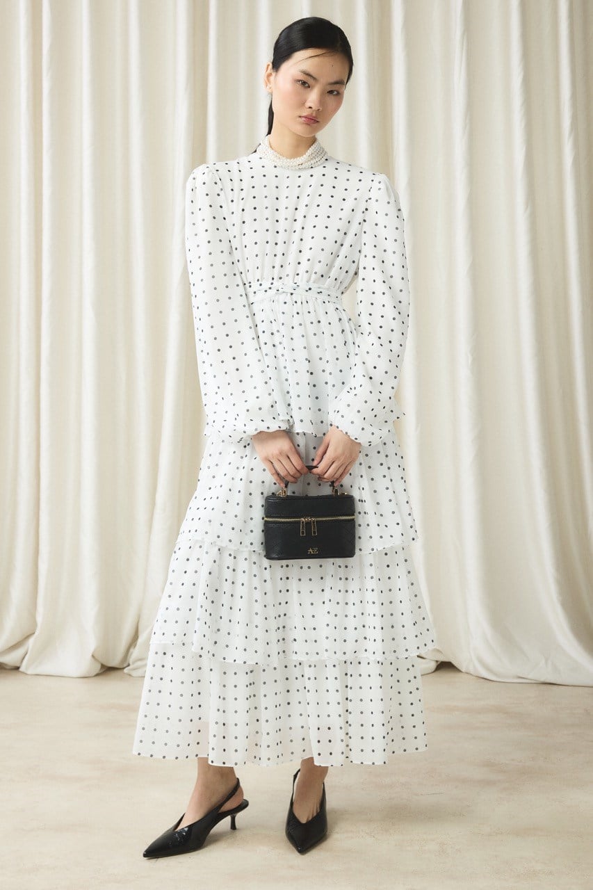 Şifon Puantiye Baskılı Kat Elbise - Ekru