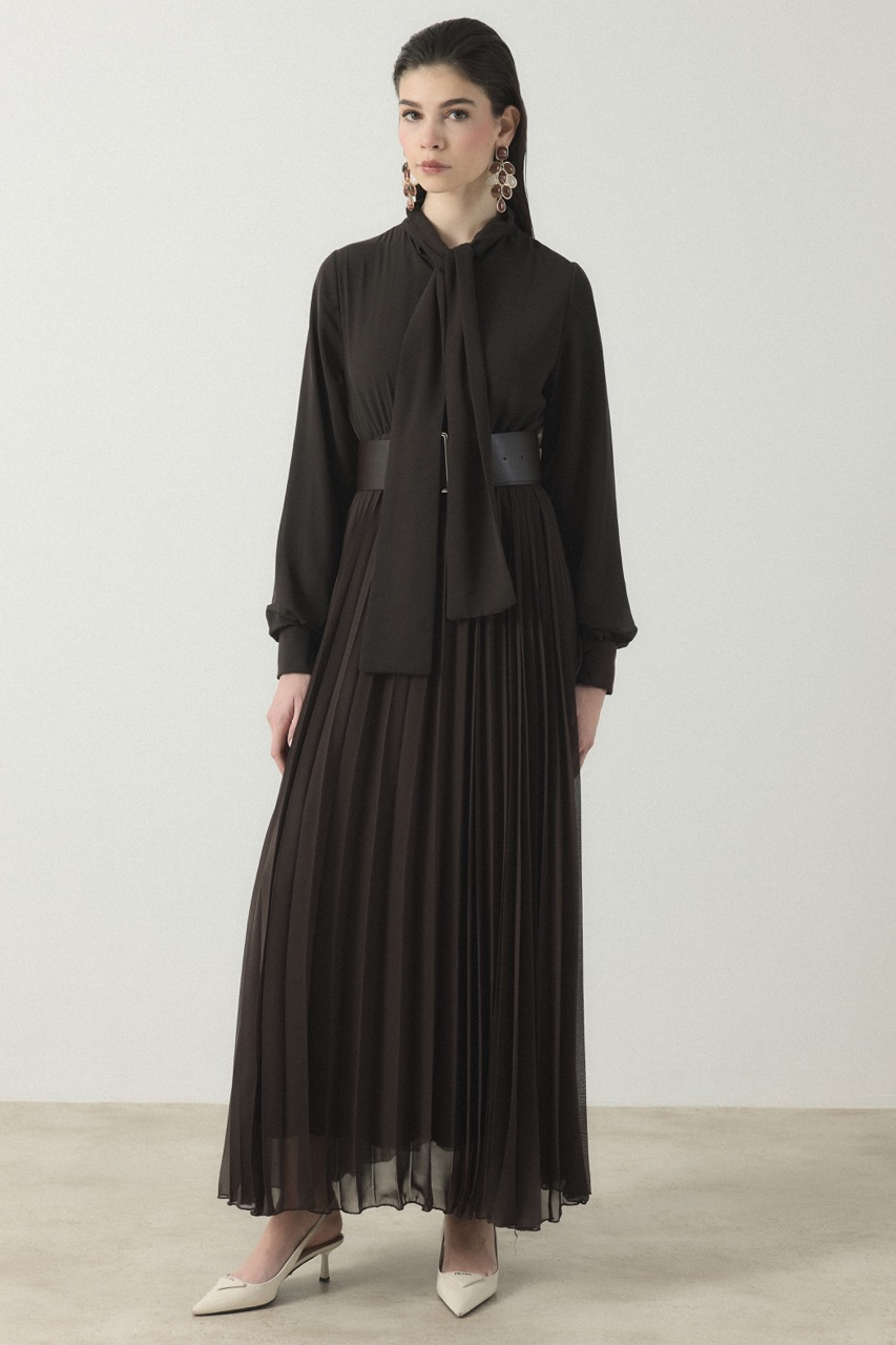 Soley Etekli Şifon Elbise - Kahve