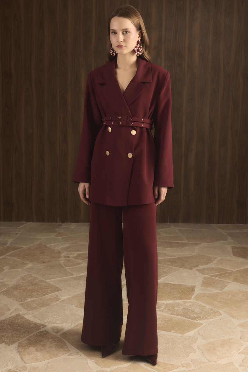 Veranka Kemerli  Blazer Ceket Takım - Bordo