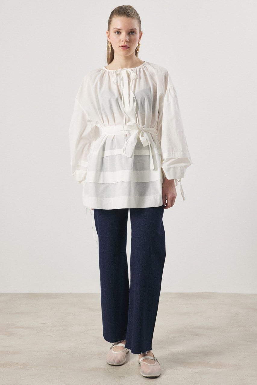 Yaka Biye Geniş Nervürlü Gömlek - Ekru