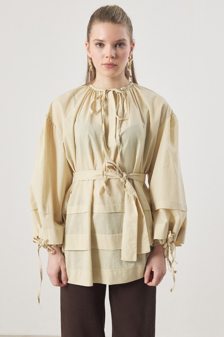 Yaka Biye Geniş Nervürlü Gömlek - Sarı