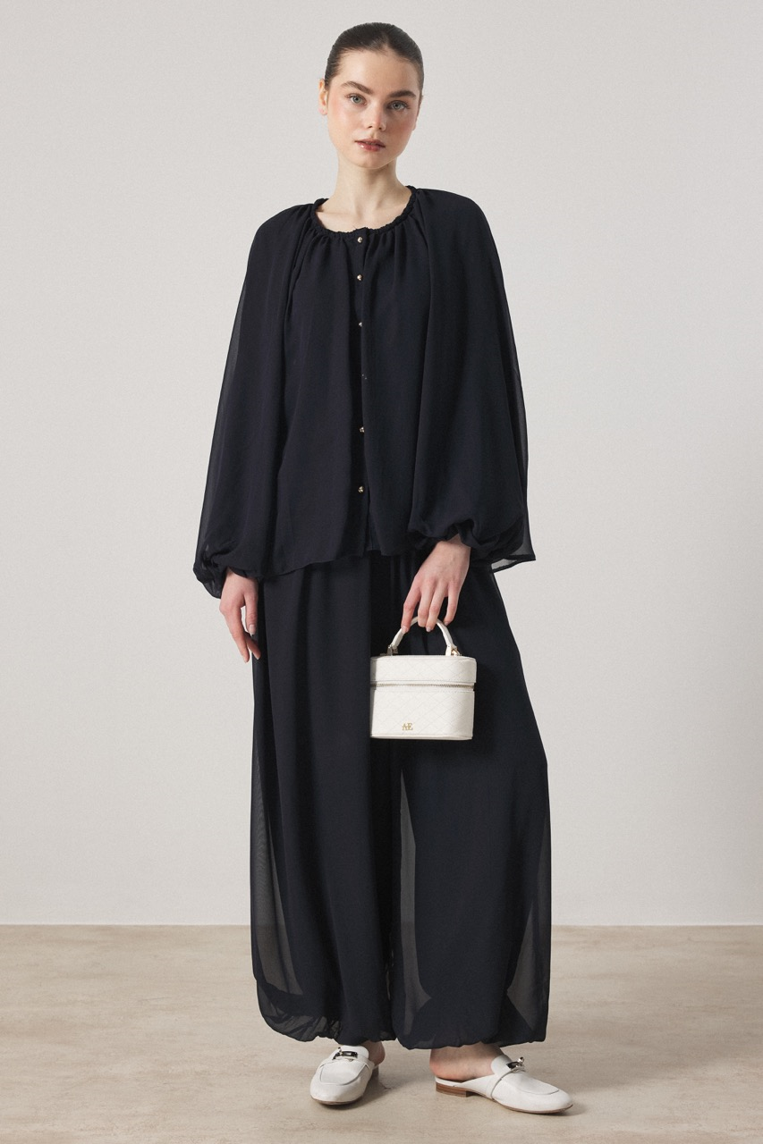 Yaka Büzgülü Şifon Takım - Lacivert