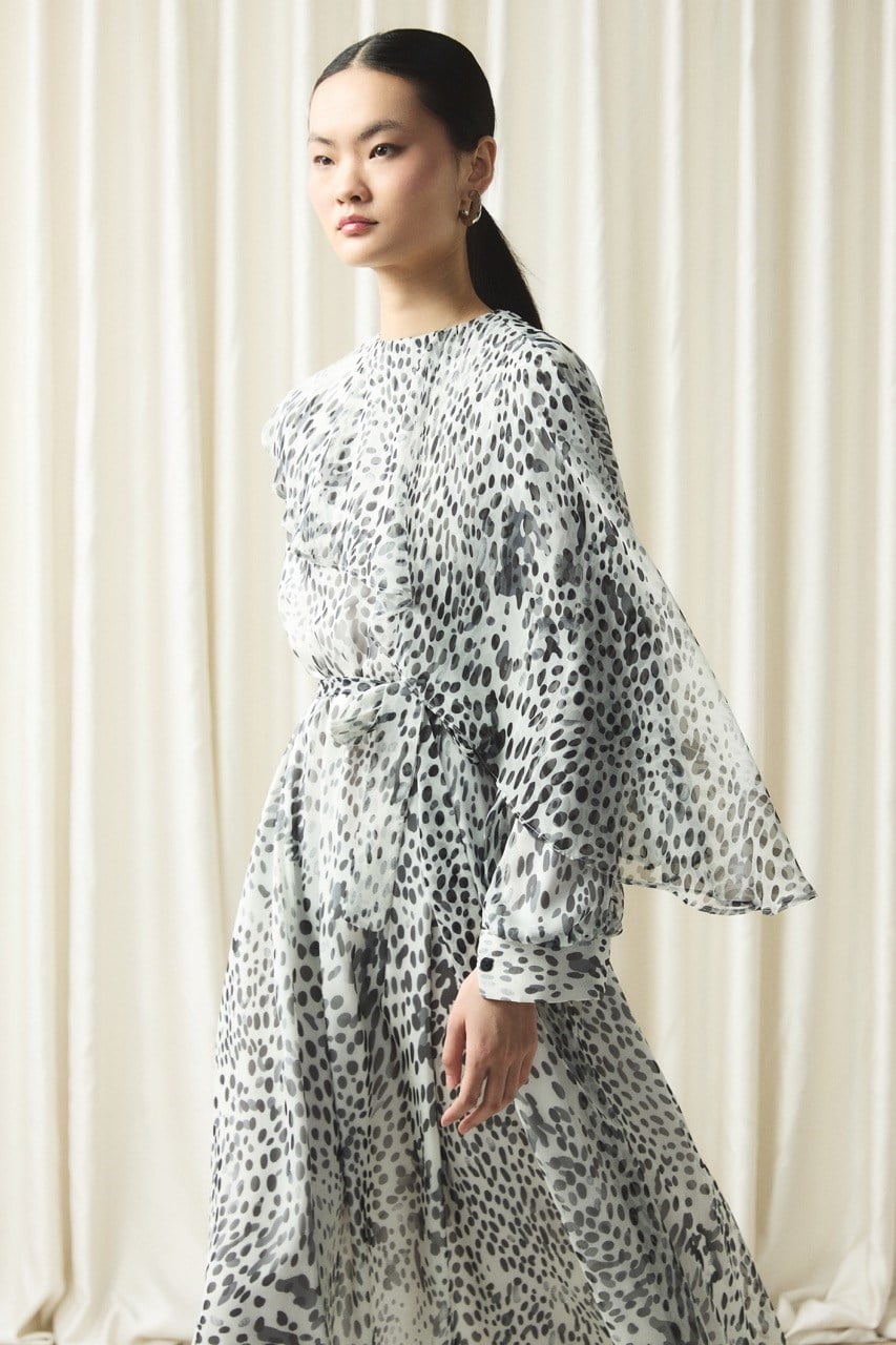 Yaka Detay Baskılı Şifon Elbise - Ekru