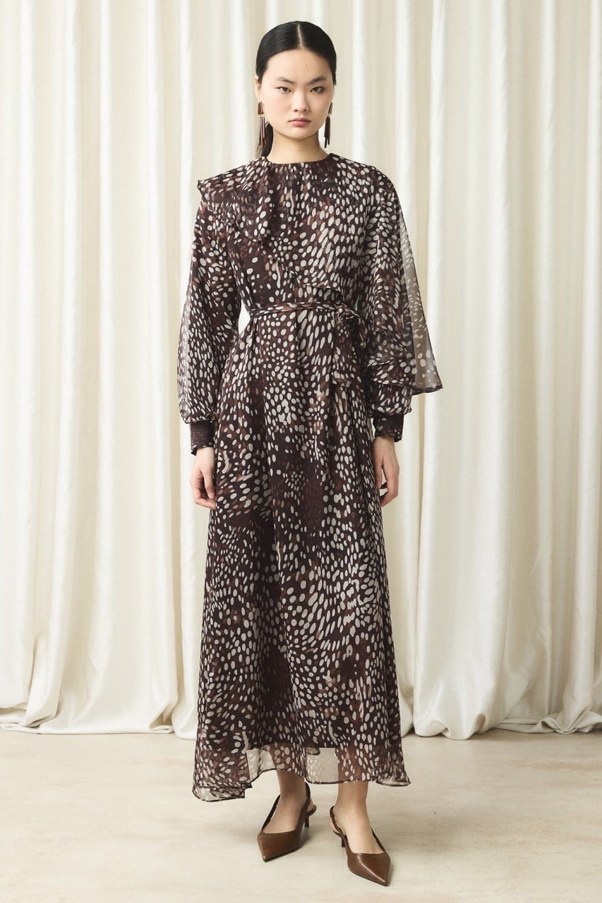 Yaka Detay Baskılı Şifon Elbise - Kahve