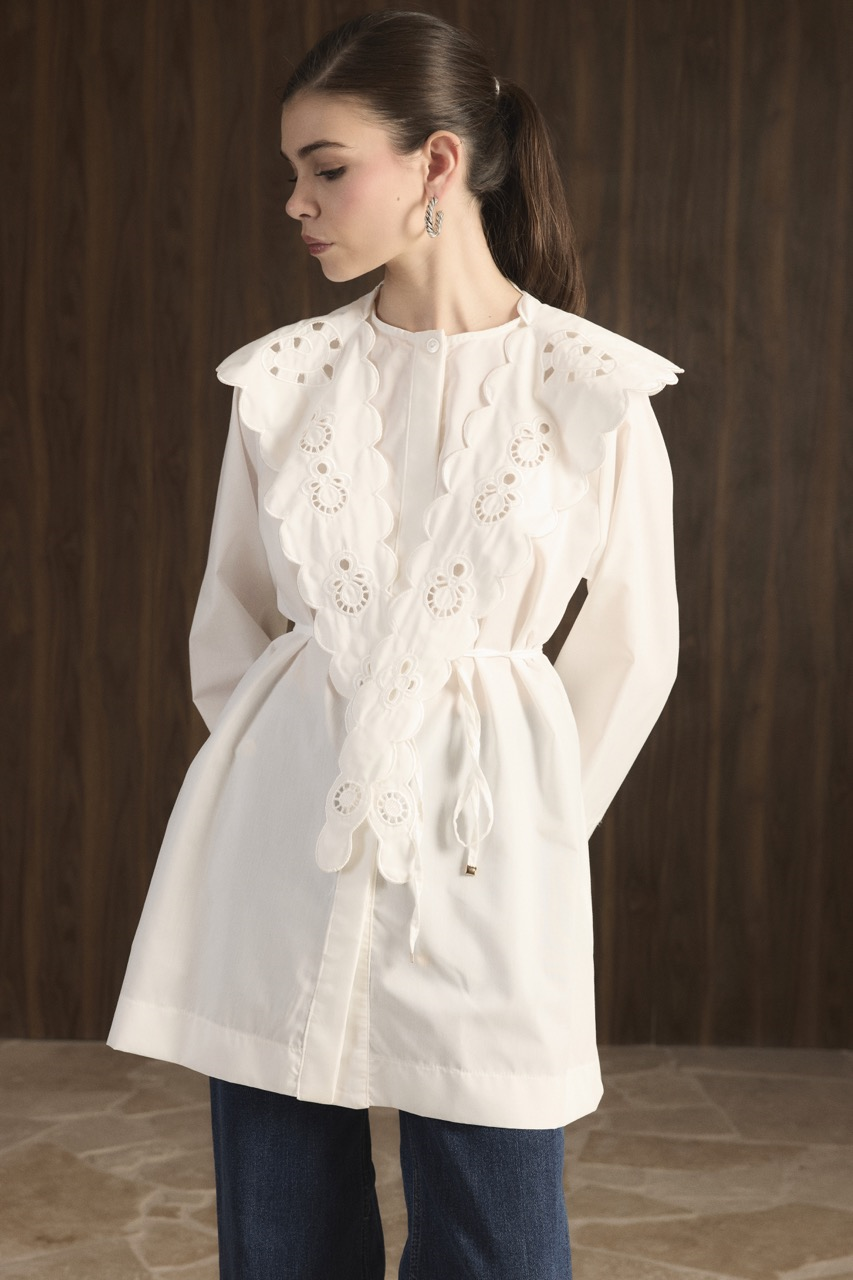 Yaka Nakışlı Dacron Gömlek - Ekru