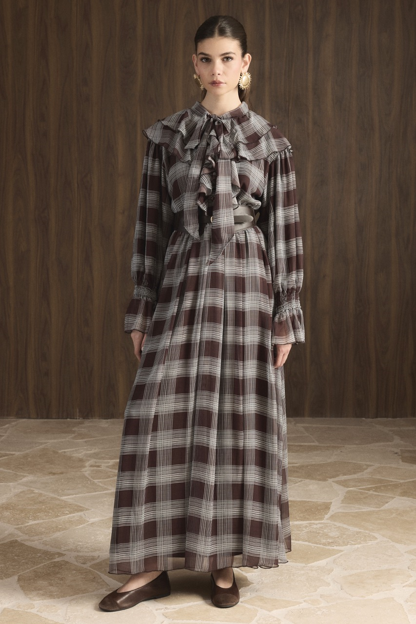 Yaka Volanlı Ekose Şifon Elbise - Kahve