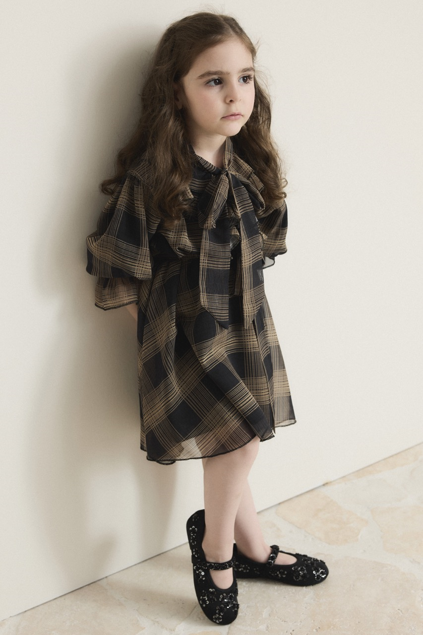 Yaka Volanlı Şifon Ekose Elbise - Siyah