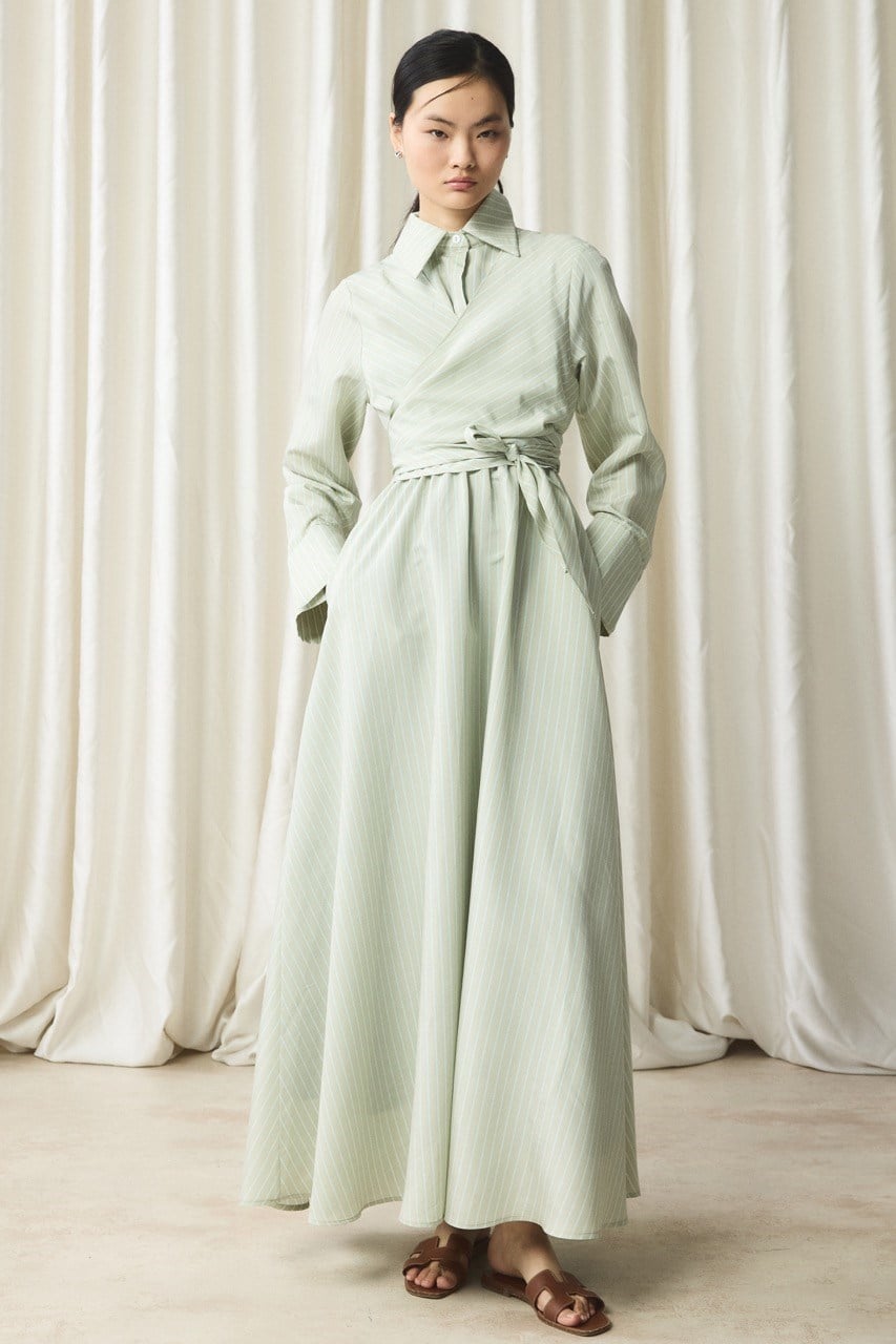 Yandan Bağlamalı Çizgili Elbise - Mint