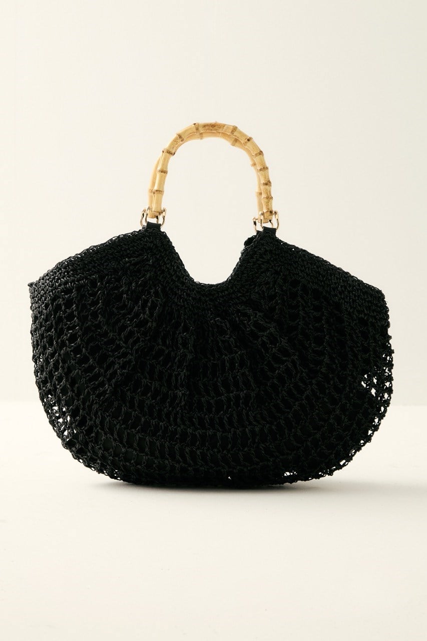 Yarım Ay Bambu Kulplu Hasır Çanta - Siyah