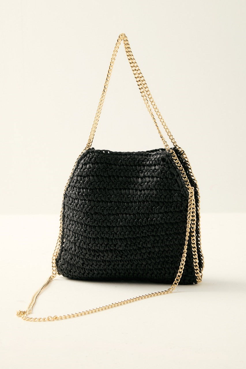 Zincir Askılı Hasır Çanta - Siyah