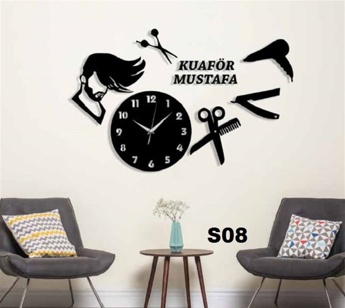 ProjexKuaför Temalı İsim Yazılabilir Dekoratif Saat