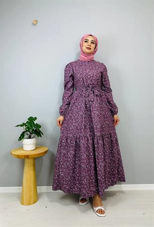 ÇİÇEK DESENLİ ELBİSE MOR