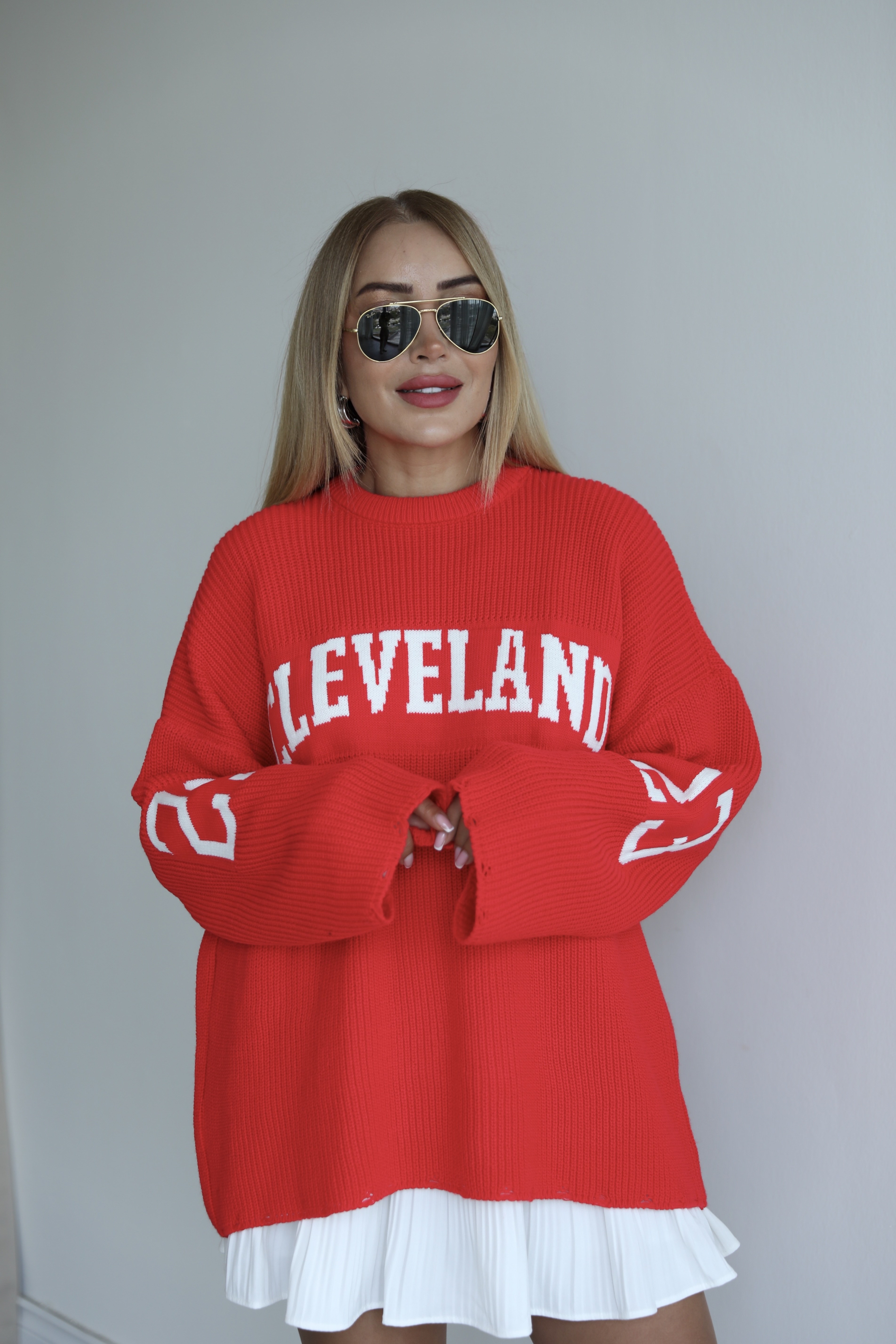Açık Kırmızı Yazı Detaylı Oversize Kazak