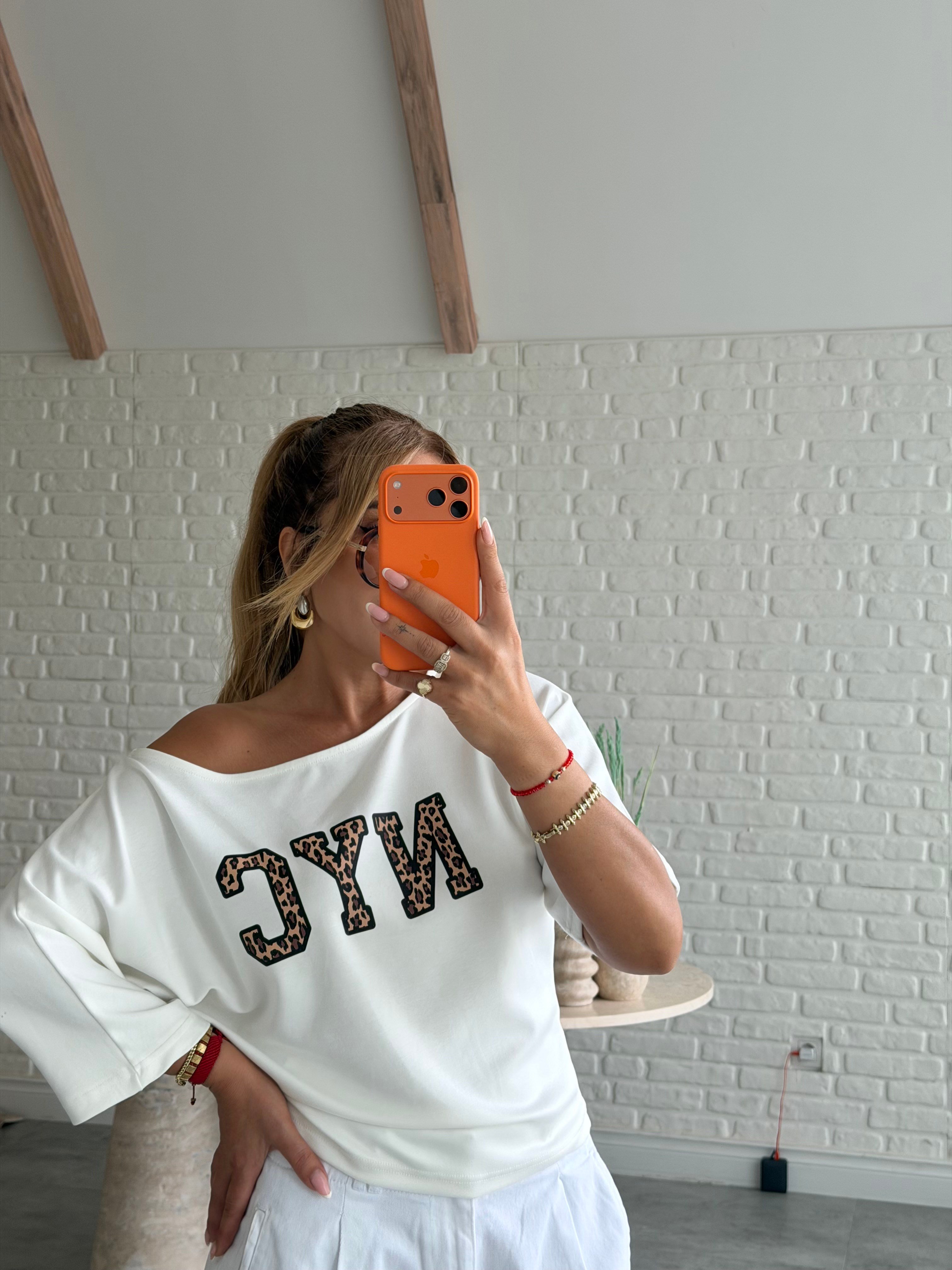 Beyaz NYC Baskılı T-shirt 