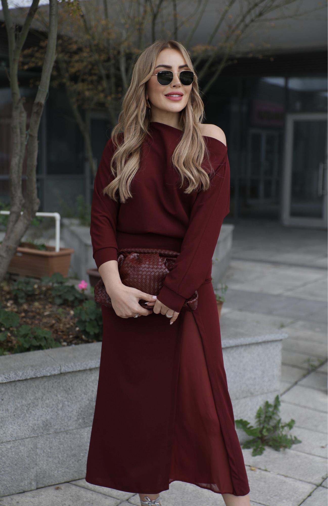Bordo Tül Detaylı Düşük Omuz Elbise