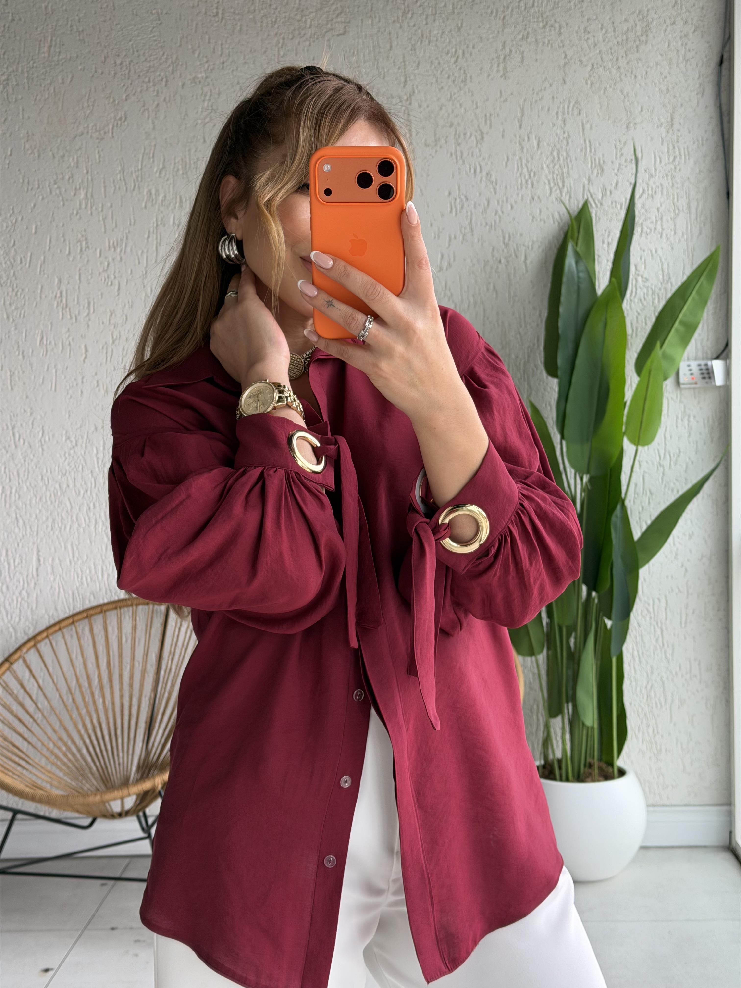 Bordo Vintage Kuş Gözü Detaylı Gömlek