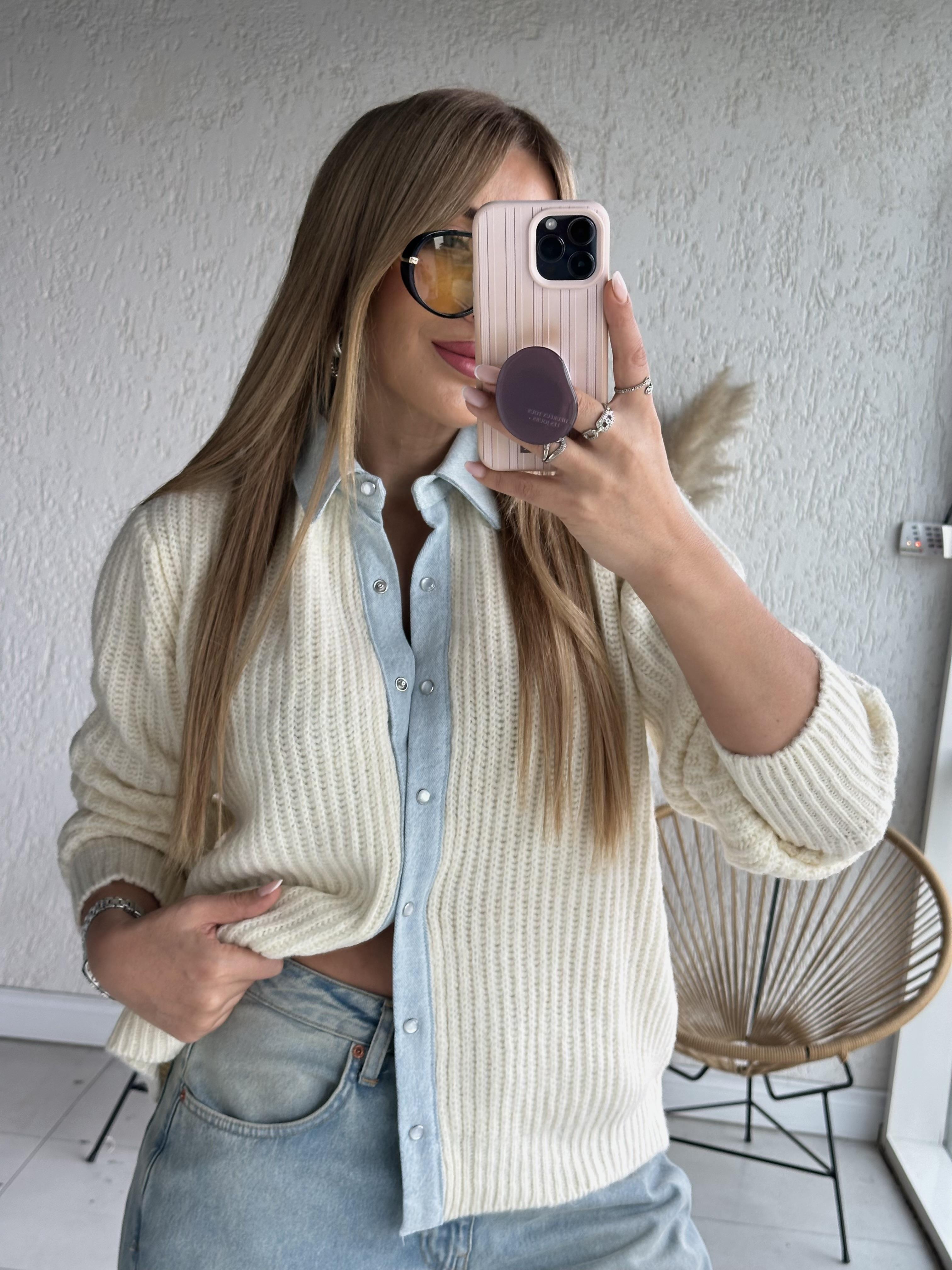 Ekru Jean Detaylı Hırka