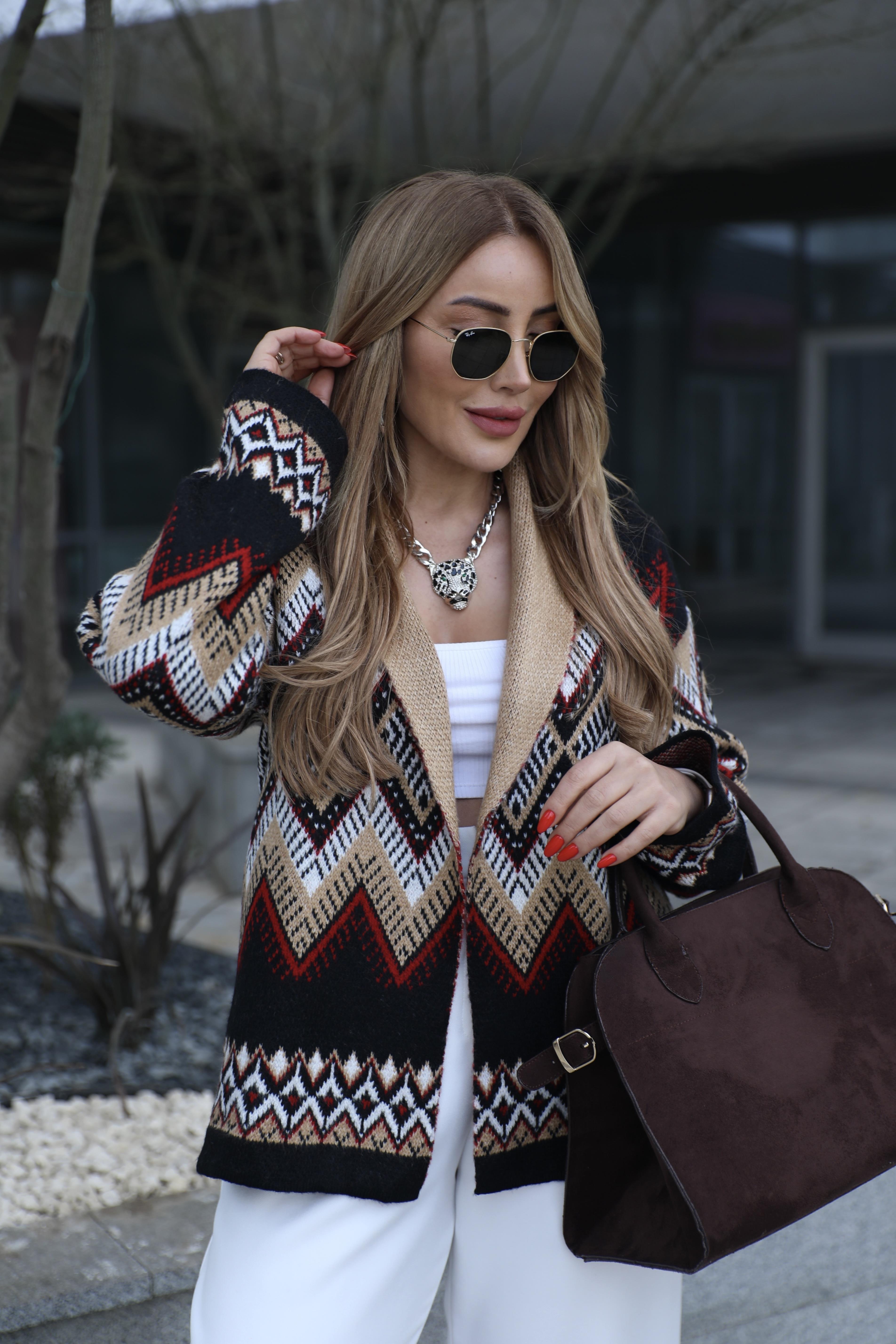 Kahve Siyah Etnik Desen Hırka
